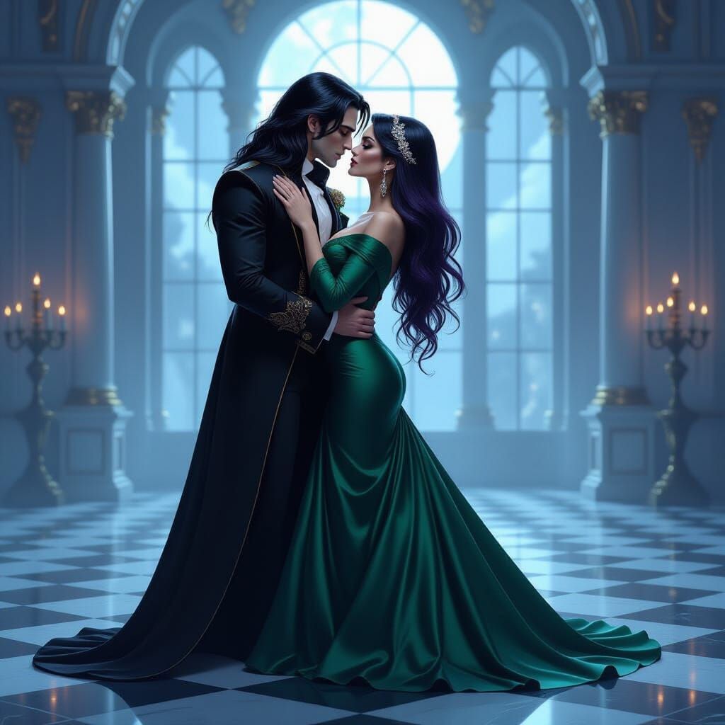 Passionate Kiss in Moonlit Ballroom - Romantic Realism