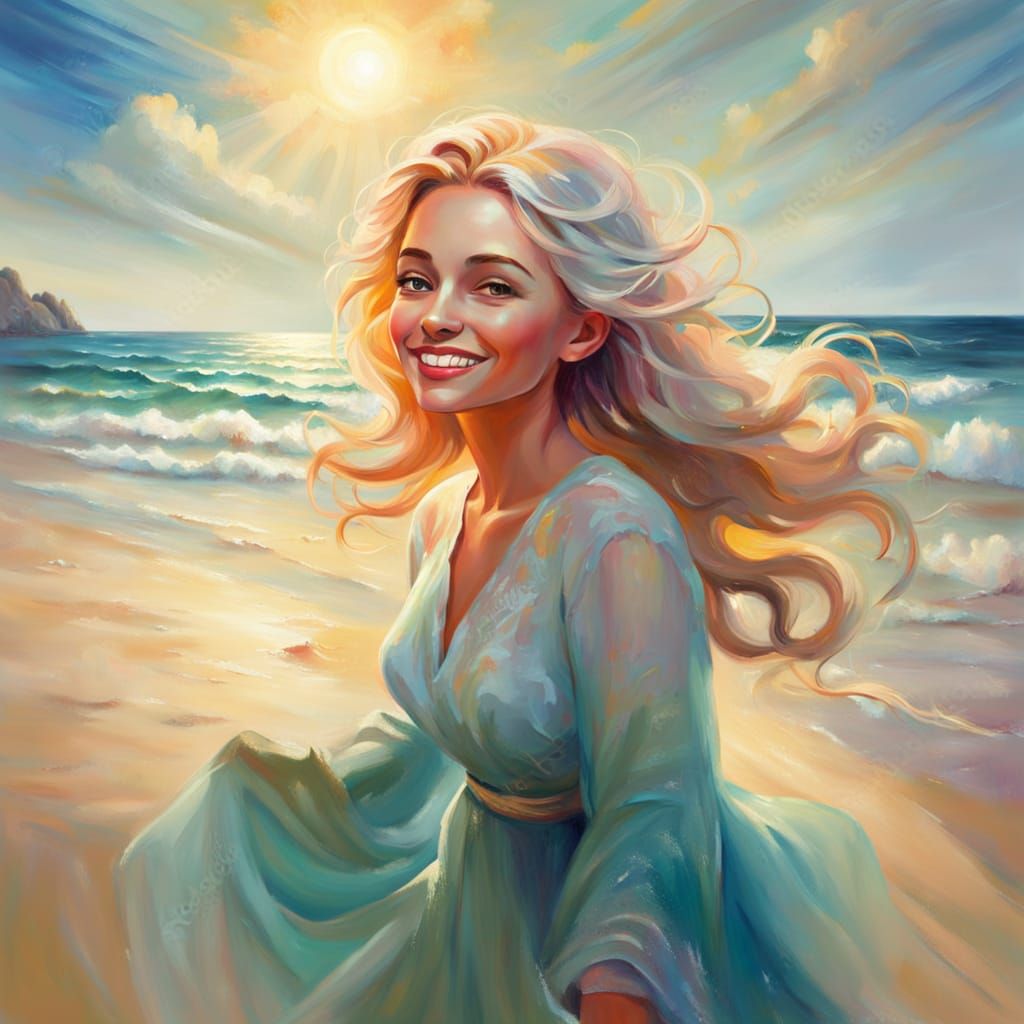 Ethereal Woman Enjoys Deserted Beach in Oil Painting
