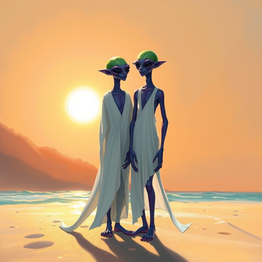 Purple Aliens on a Twin-Sun Beach as Impressionist Art
