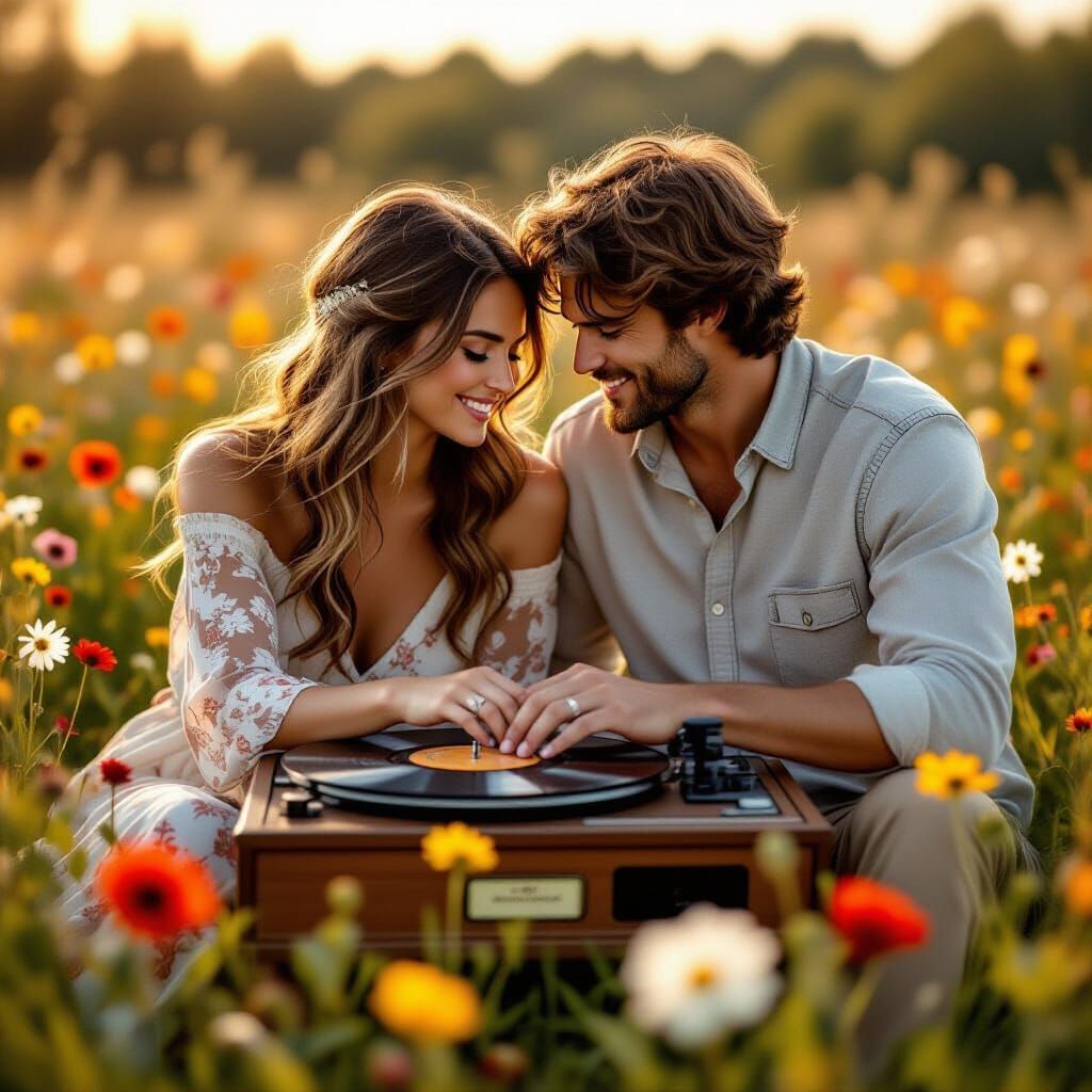 Romantic Couple in Wildflower Field, Golden Hour