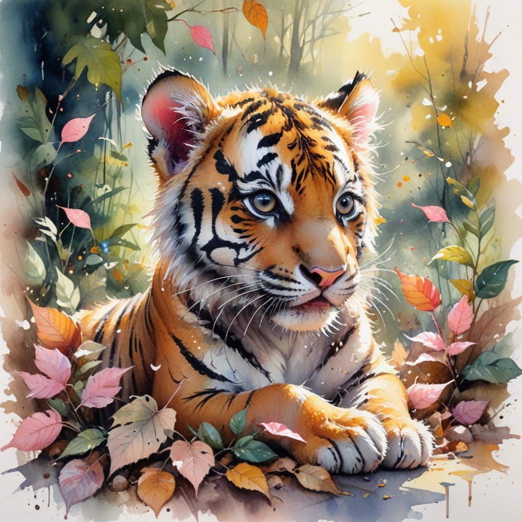 Adorable Tiger Cub in Leaves, Watercolour Blend