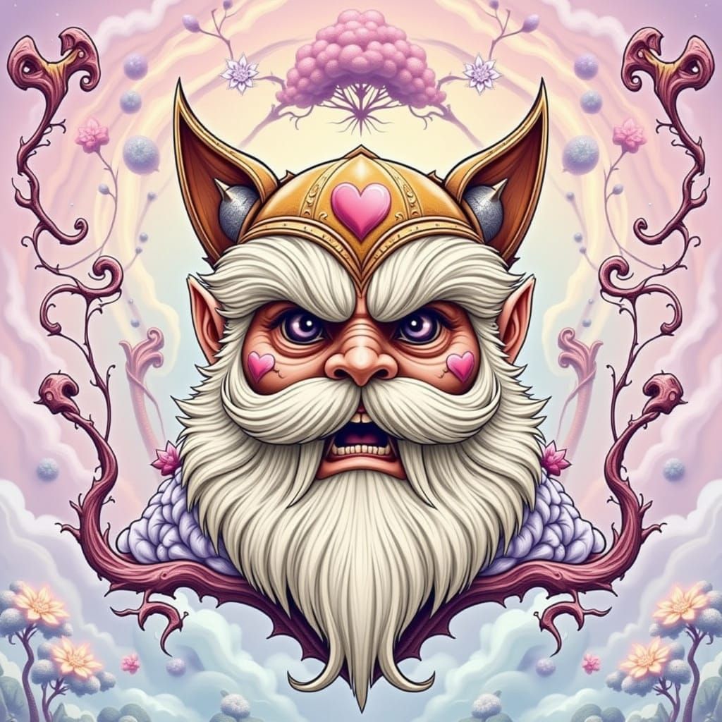 Gentle Giant Viking in Whimsical Dreamlike Landscape with Ma...