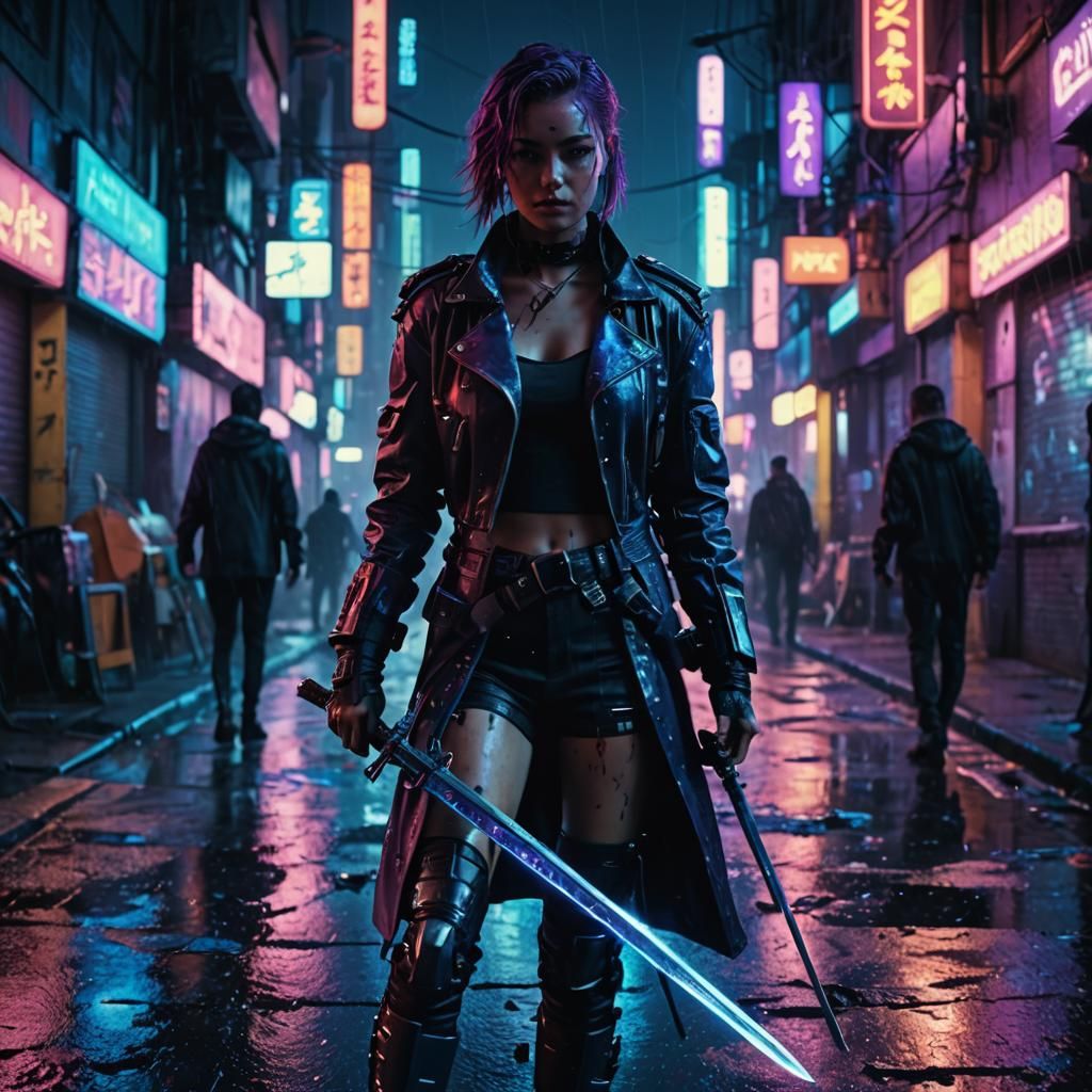"Back Cyberpunk heroins drags sword behind her as she walks away, camera push in from the back"