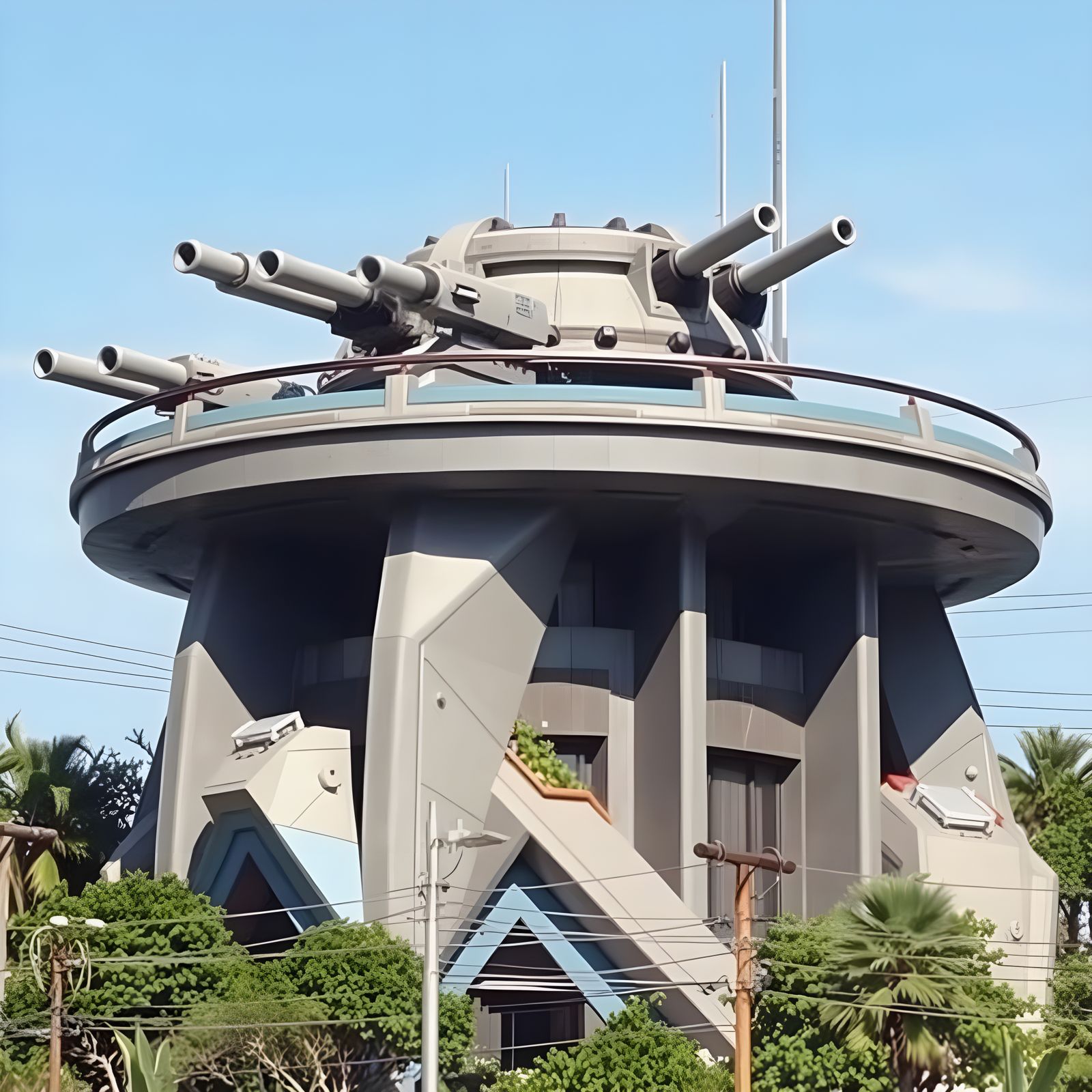 Futuristic Space Station with Circular Tower and Cannons