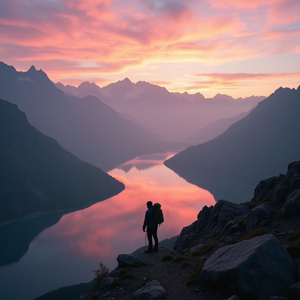 Serene Mountain Landscape at Sunrise, with Soft Film Texture
