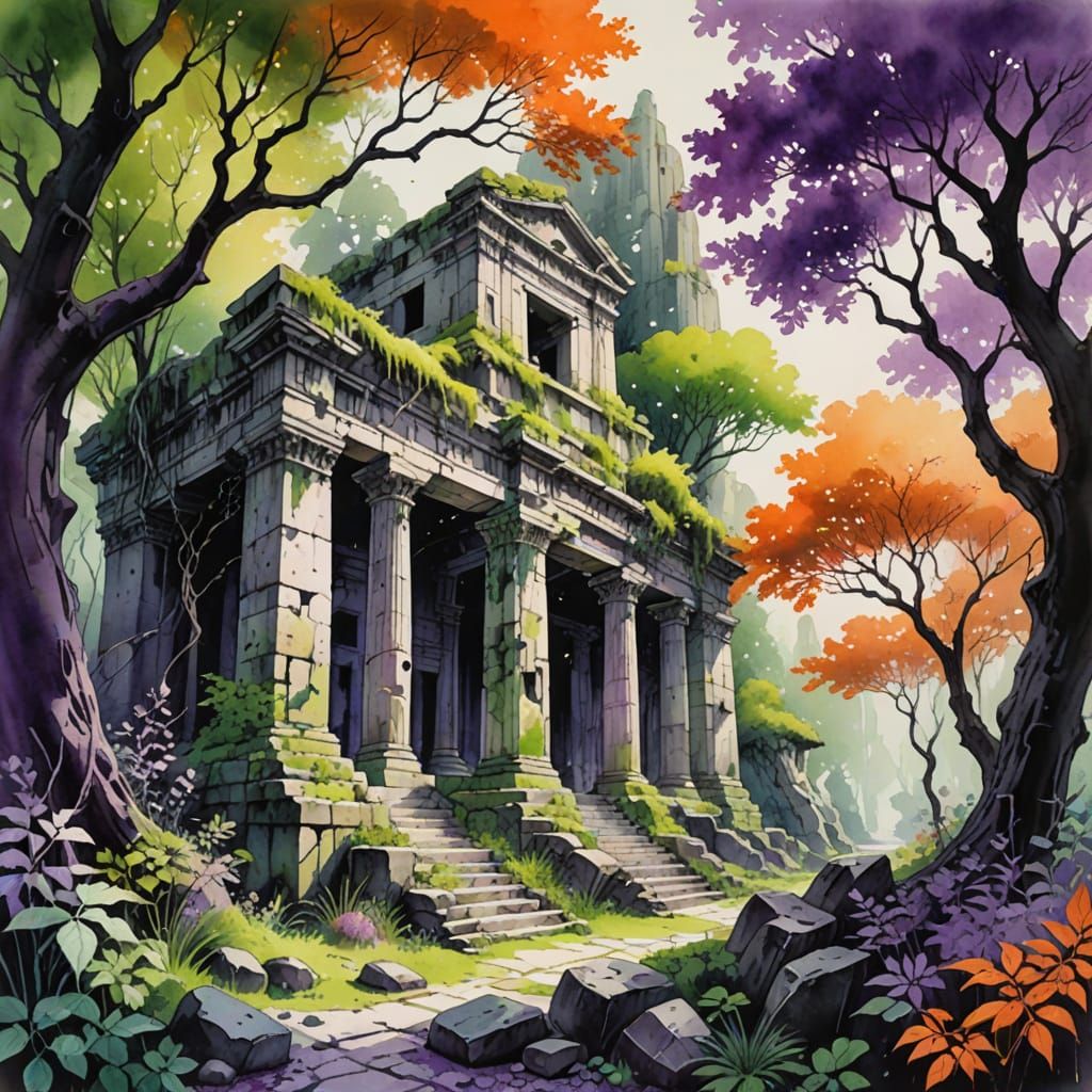 Monochrome Watercolor Ruins in Mythical Forest