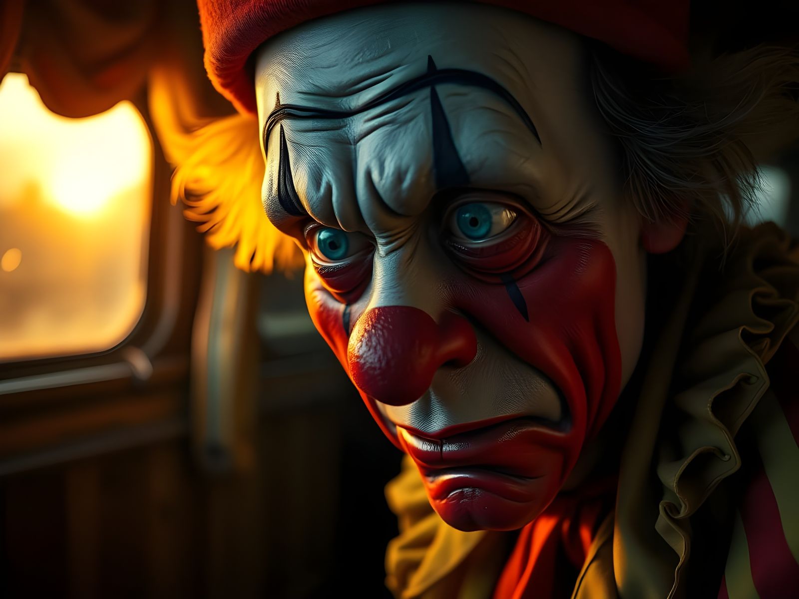 Sad Old Clown in a Dark Circus Caravan