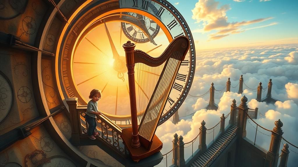 Dreamy Girl in Escher-Inspired Clock Tower Amidst Whimsical....