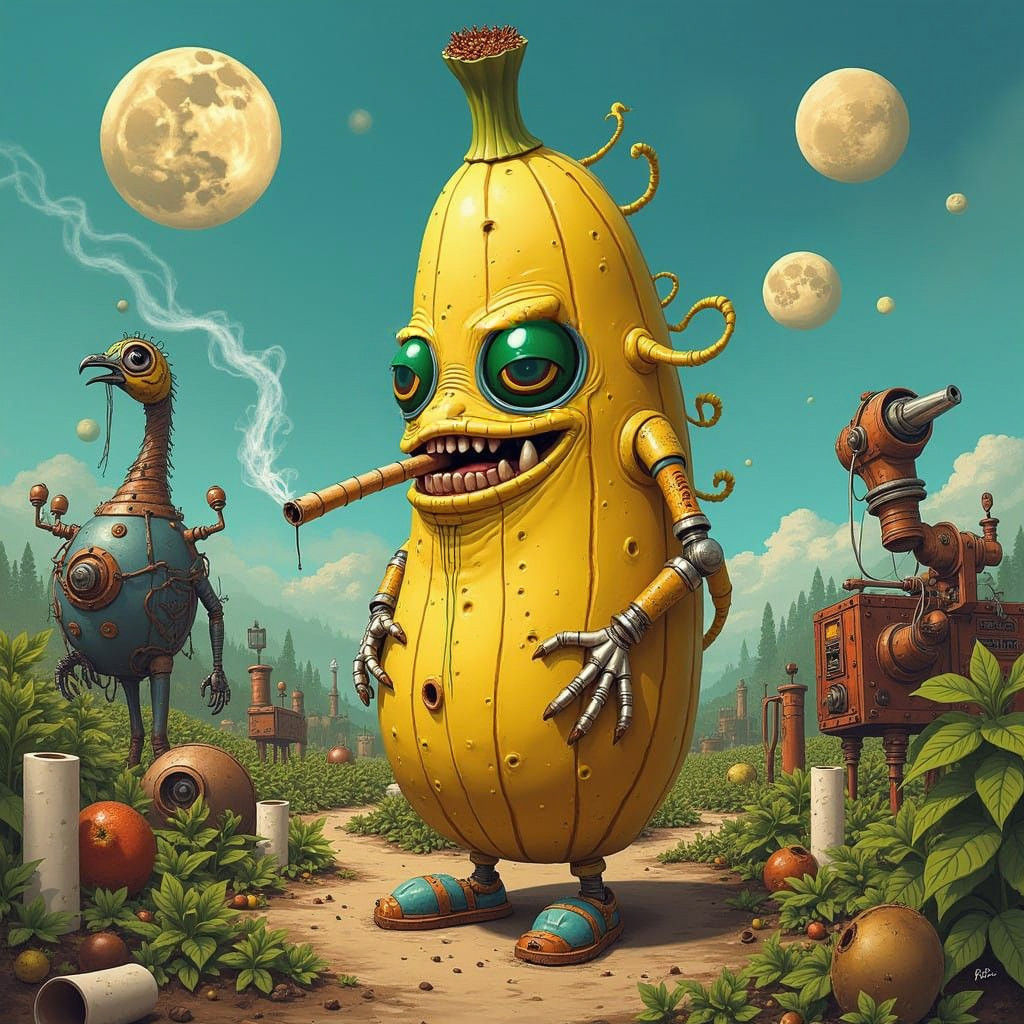 Surreal Farm Scene with Robots and Vibrant Colors