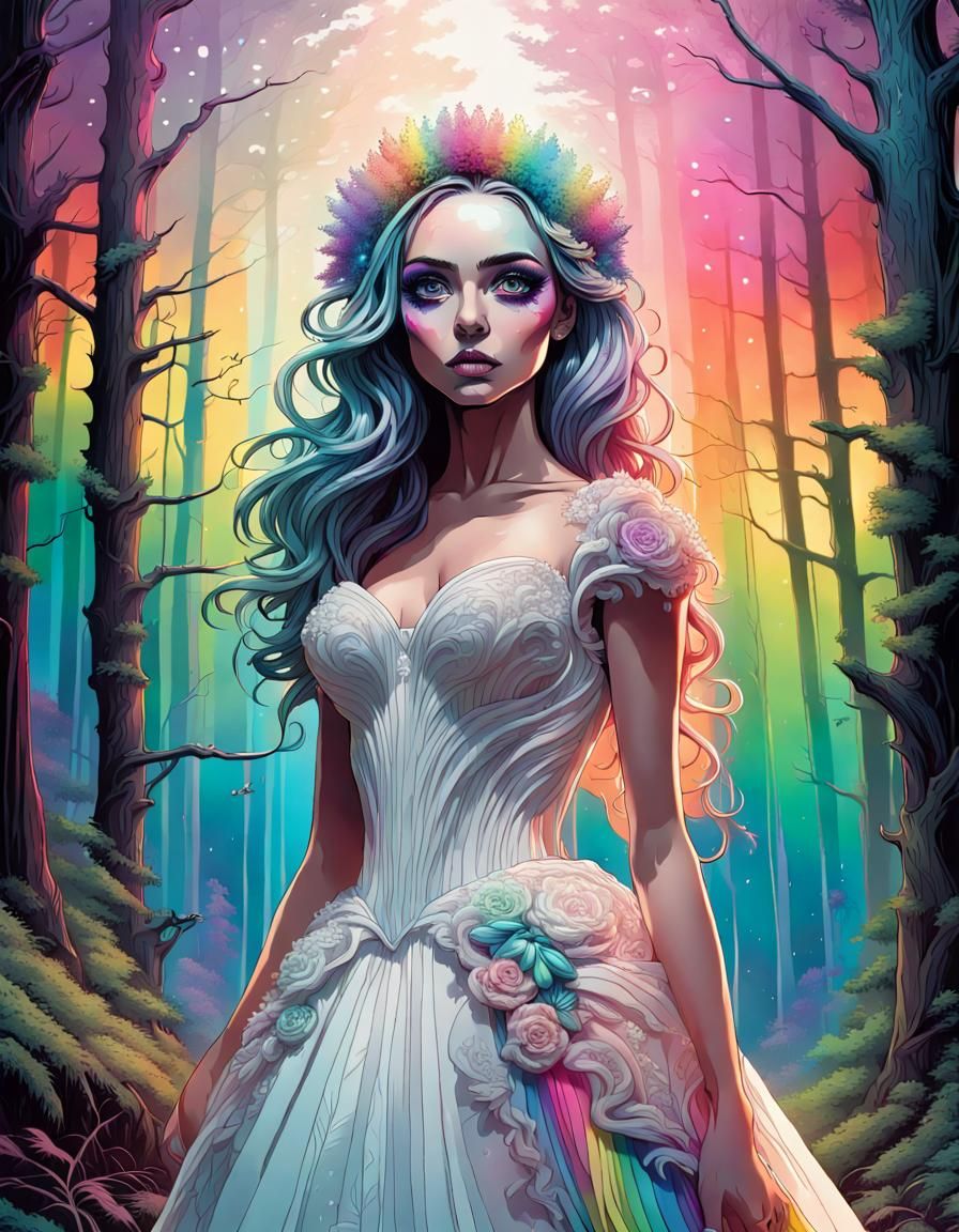 Vibrant Rainbow Bride in Whimsical Forest