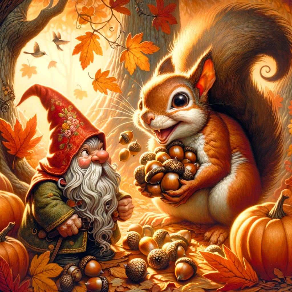 Mischievous Squirrel Stealing Acorns from Gnome