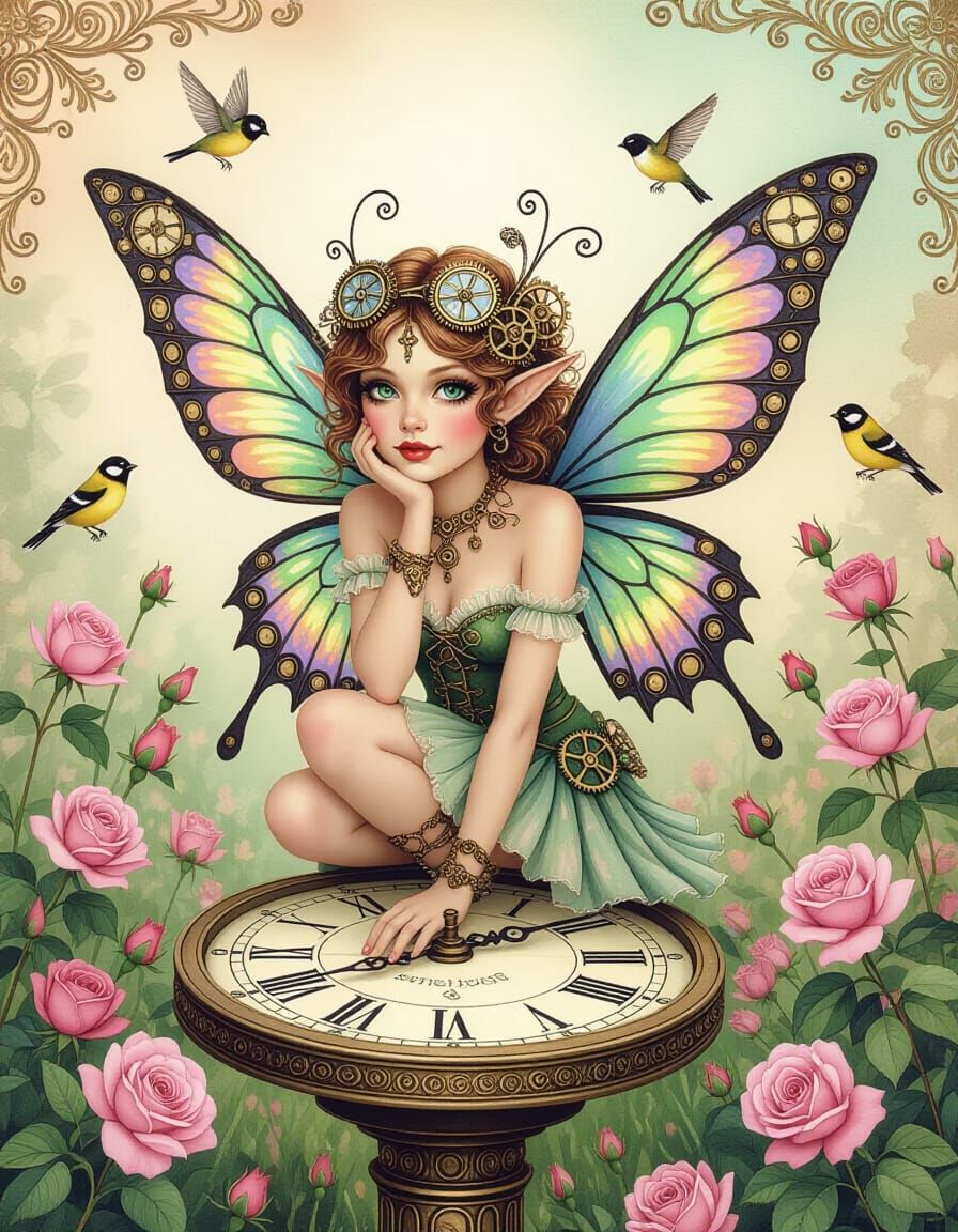 Steampunk Fairy in Rose Garden, Airbrushed Portrait