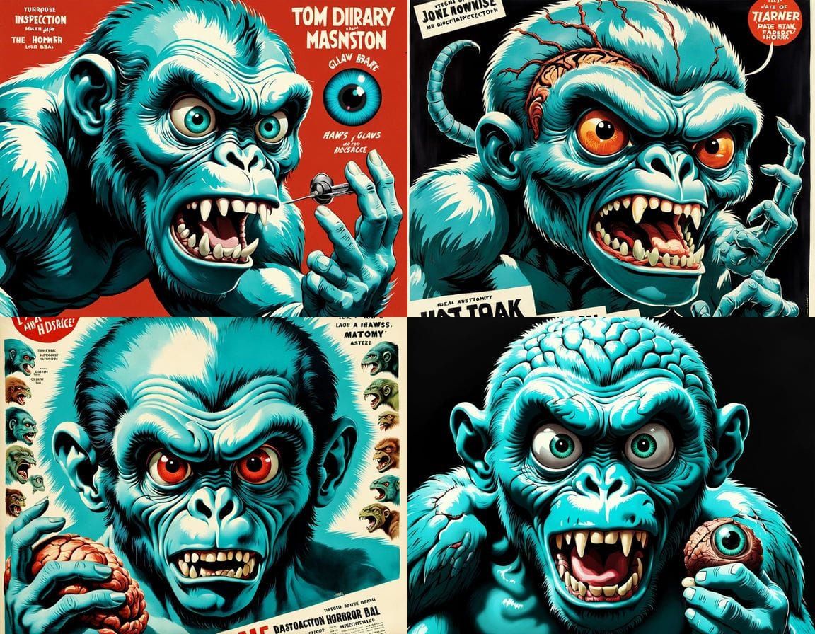 Vintage Horror Poster: Turquoise Ape Hybrid