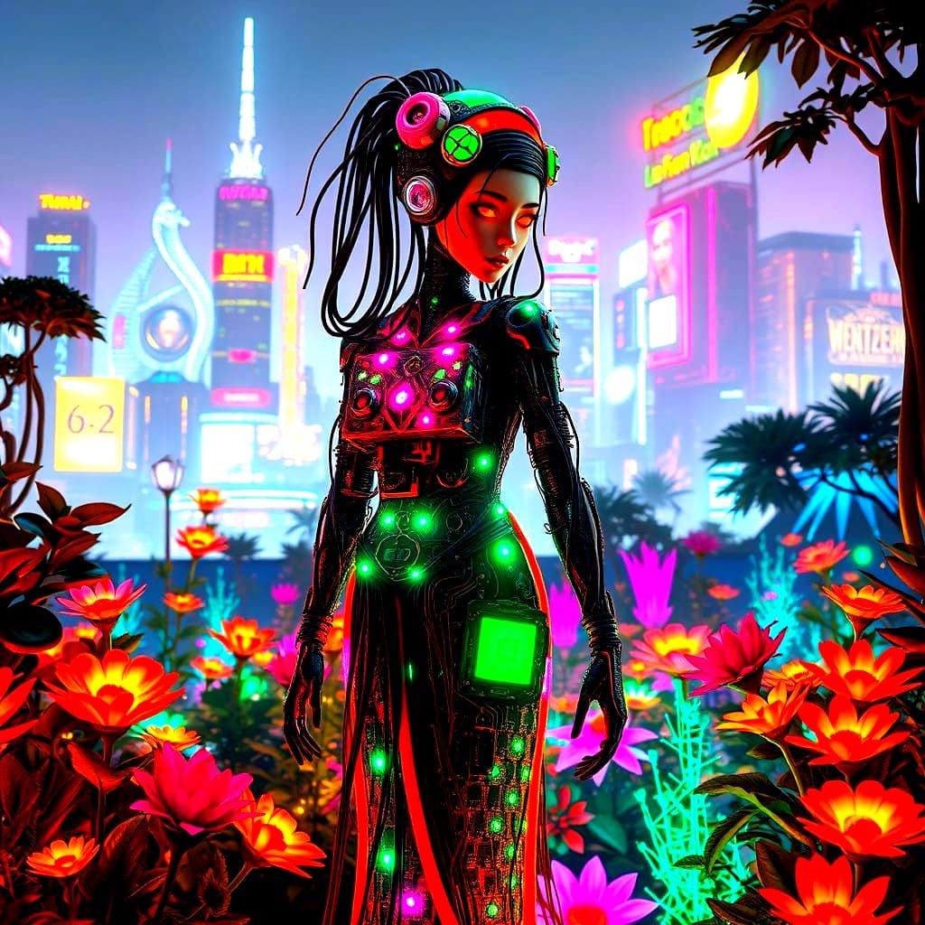 Cyberpunk Geisha Blooms in a Futuristic Garden of Circuitry....