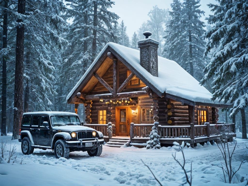 Cozy Christmas Cabin in Winter Woods