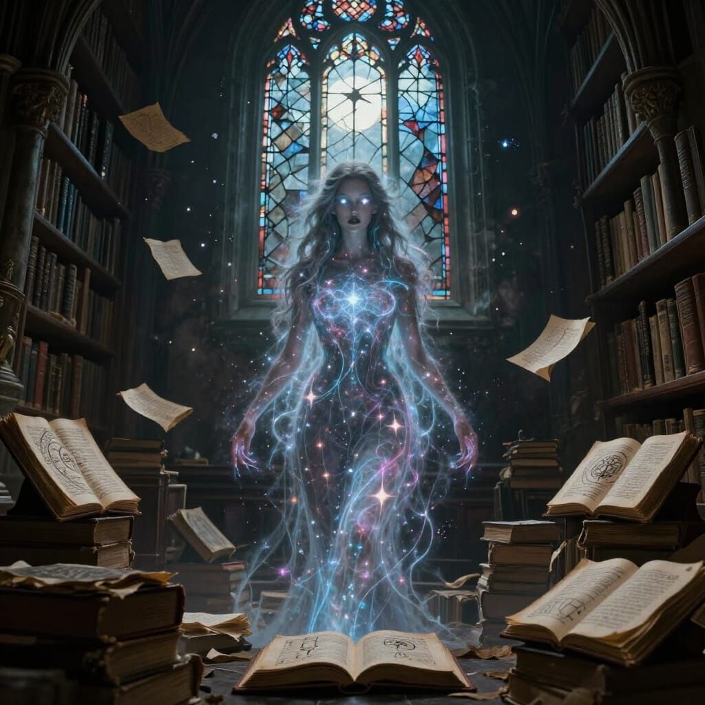 Spectral Sorceress in Forgotten Library Gothic Fantasy Art