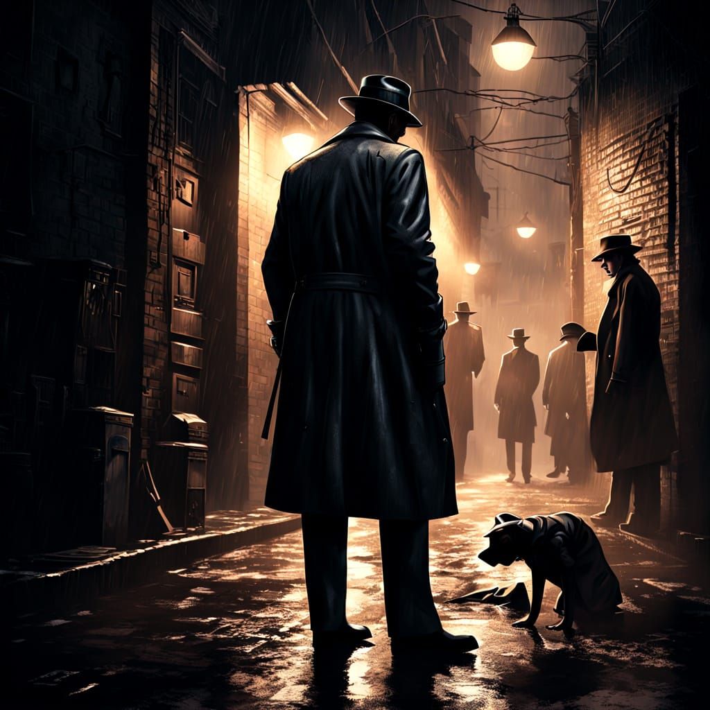 A menacing back alley in a noir-style illustration. A 1930s ...
