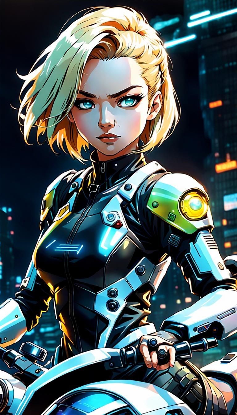 Blonde Woman Rides Futuristic Cyberpunk Motorcycle