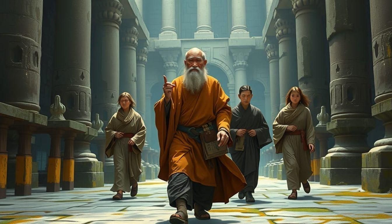A Sage Teacher Leads Young Disciples in Ancient Temple Wisdo...