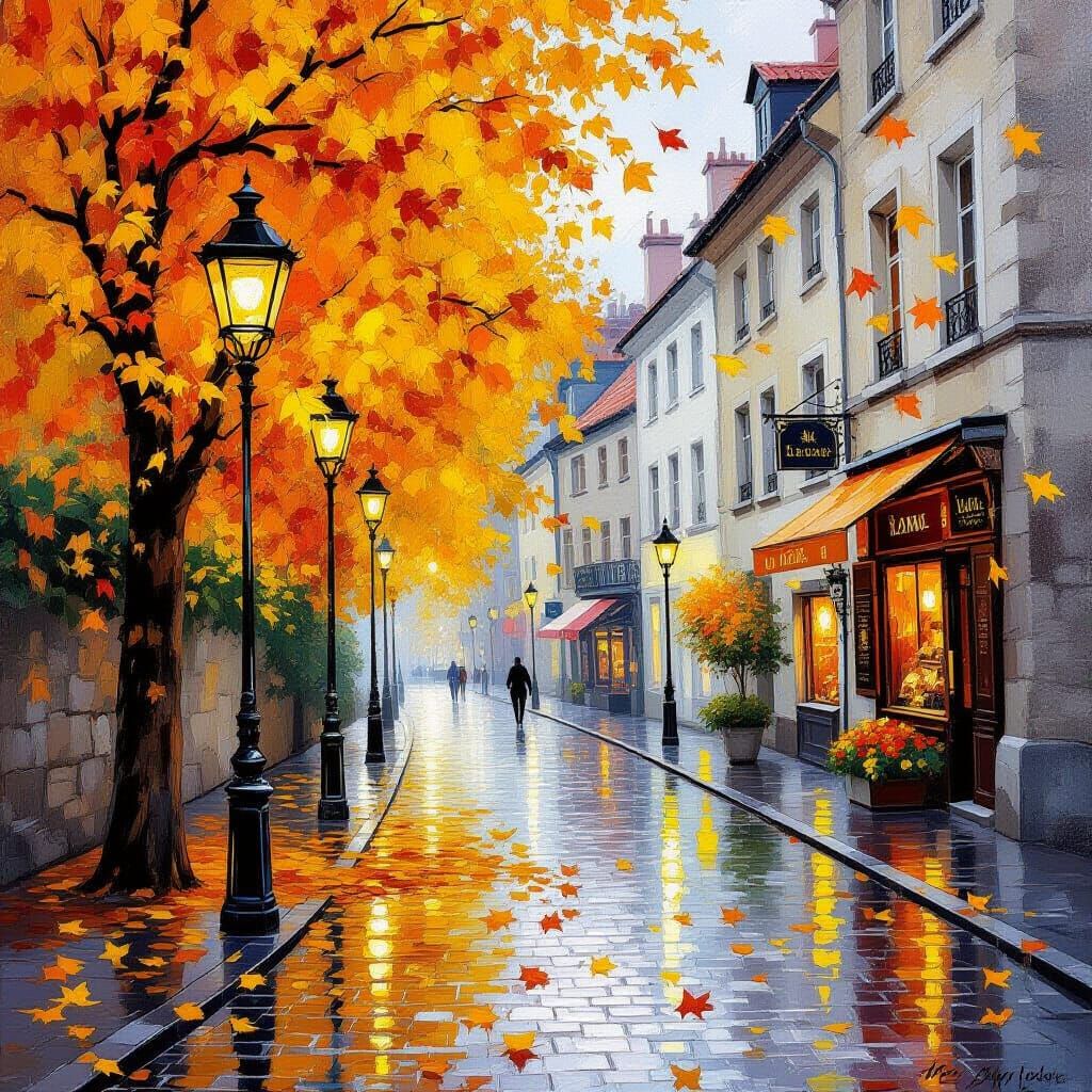 Golden Autumn Street in Old Europe with Warm Lampposts