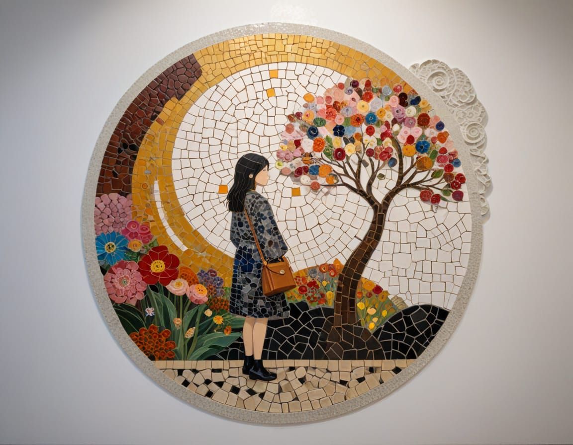 Rainy Night Cafe Entrance with Colorful Blooms and Mosaic Ar...