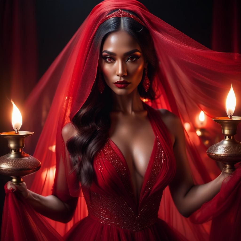 Exotic Dancer in Opulent Red Tulle and Spotlight