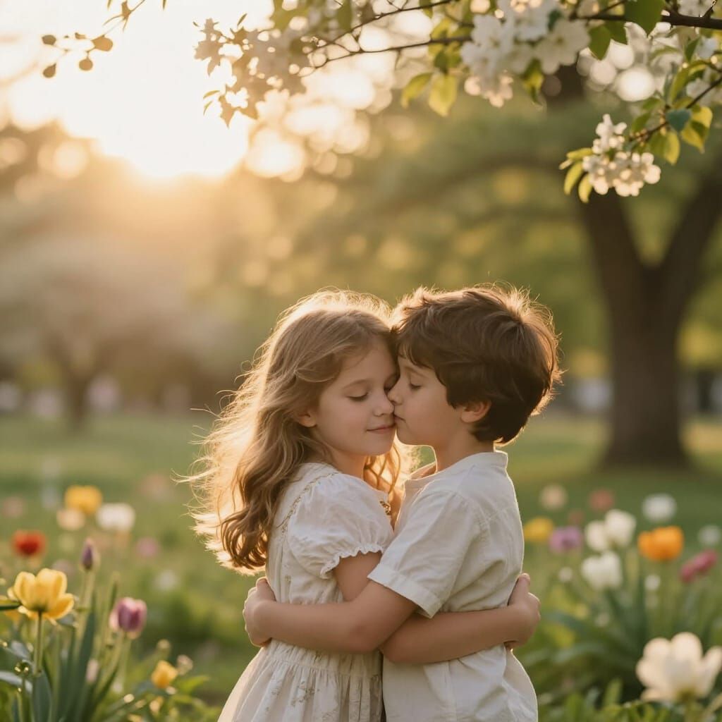Children Embrace in Golden Hour Scenic Beauty