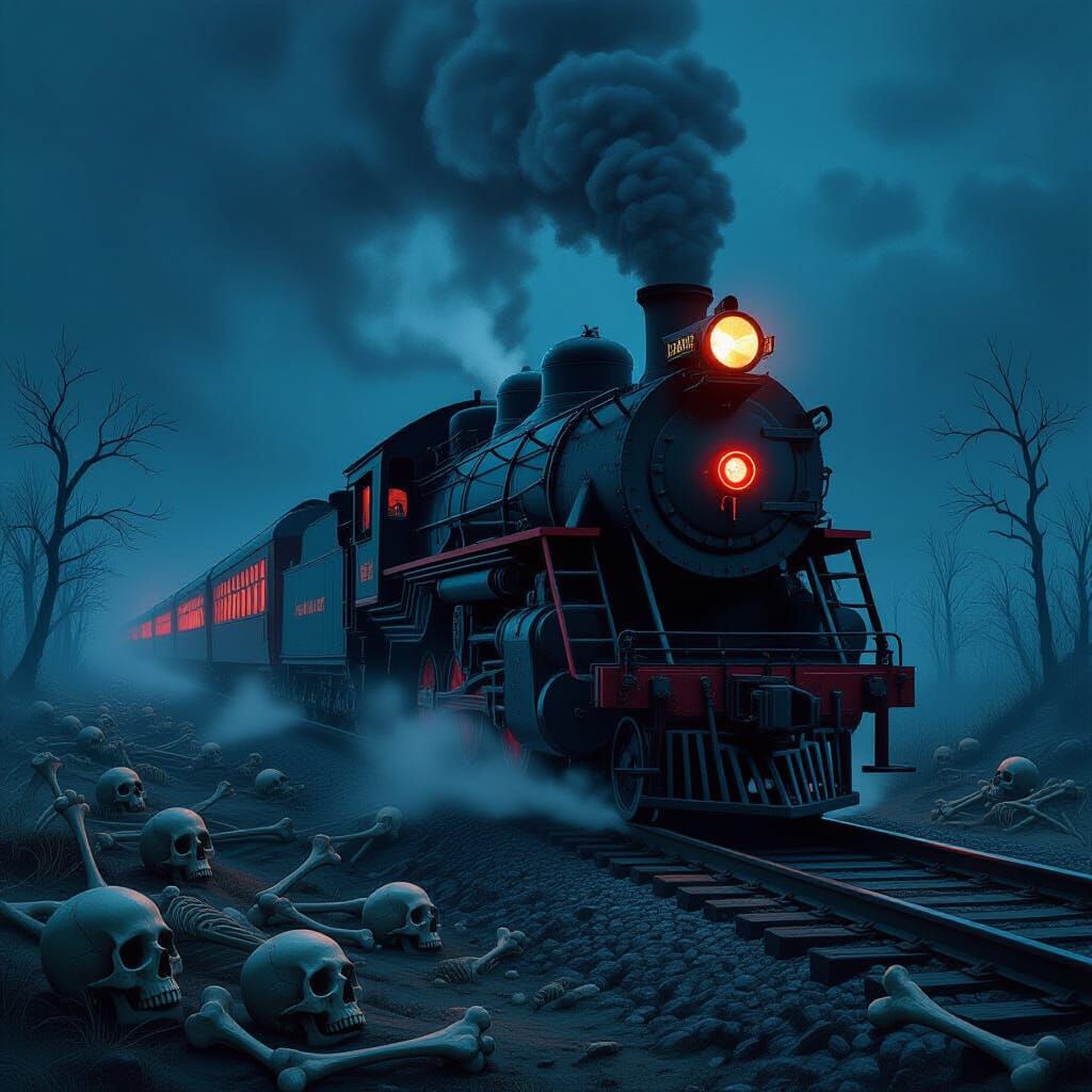 Skeletal Train Through Bone Landscape in Dark Fantasy Style
