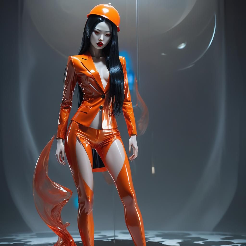 Elegant Female Mannequin in Shimmering Orange Latex Suits