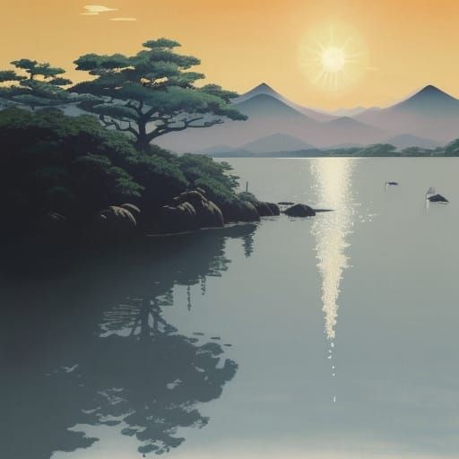 Ukiyo-e Riverbank Scene with Sun