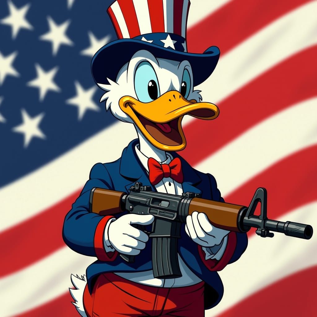 Patriotic Cartoon Duck with Machine Gun