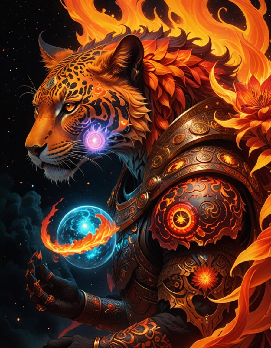 Surreal Anime Guardian of Blazing Flames in Mystic Temple Ga...