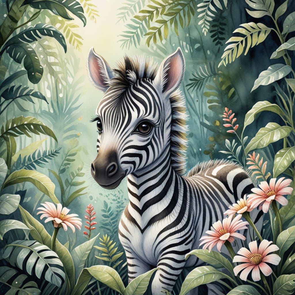 Whimsical Children's Book Illustration of Baby Zebra Unicorn...