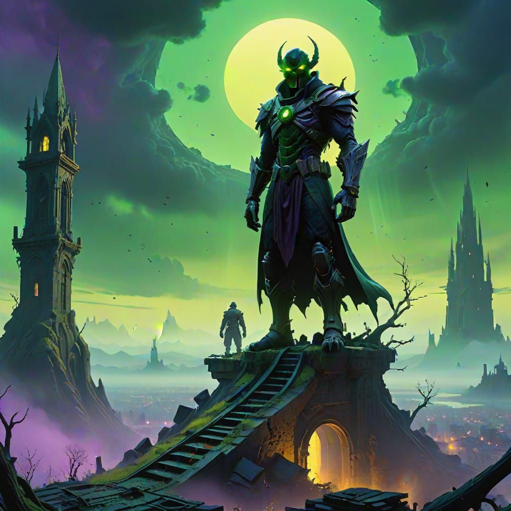 Mystical Green Goblin Conqueror in Gothic Cityscape