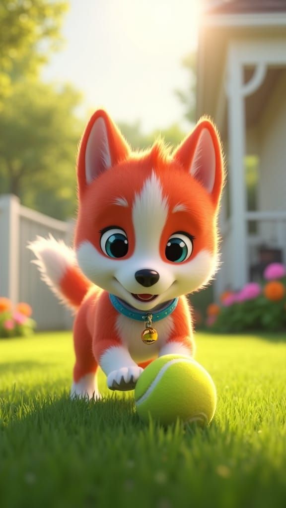 Husky Puppy Plays Ball: 3D Rendered Digital Art