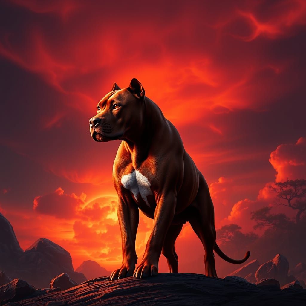 Regal Red Lion-Pitbull Hybrid Stands Tall Against Fiery Red ...
