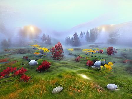 Serene Misty Meadows in Vibrant 8K