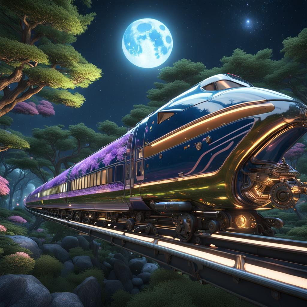 steampunk shinkansen with colourful yakuza tattoo livery tra...