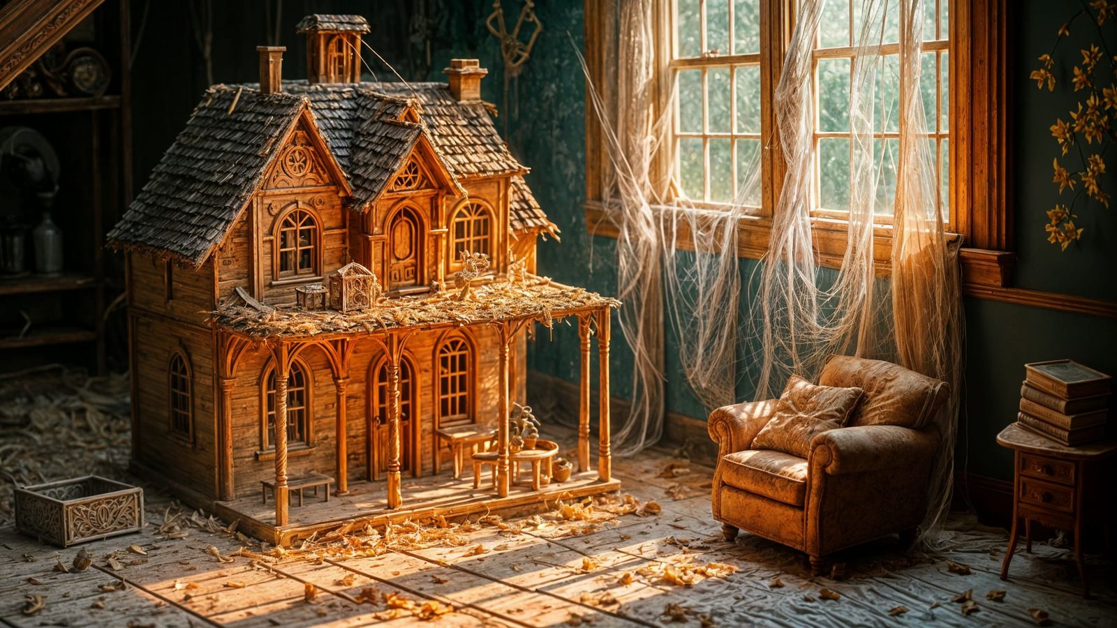 Spiderweb Dollhouse in Dusty Attic