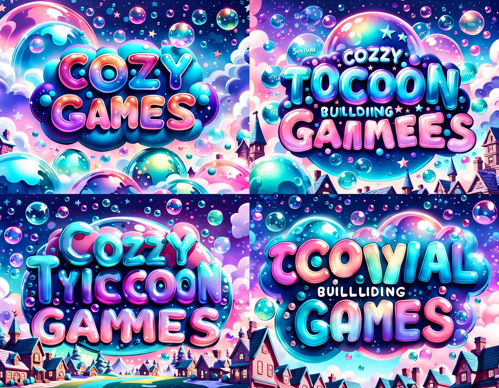 Cozy Building Games in Pastel Bubble Lettering with Sparkles...