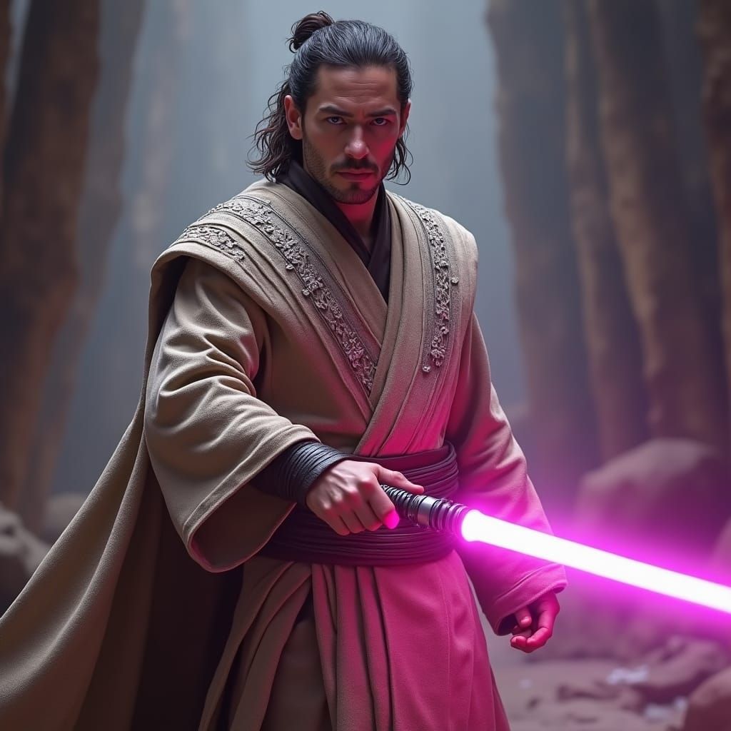 Grey Jedi Warrior with Vibrant Magenta Aura and Saber
