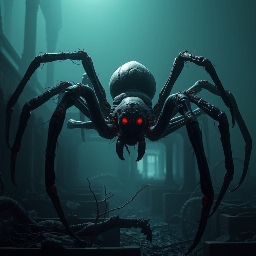 Ethereal Midnight Spider in a Haunting Silent Hill Scene