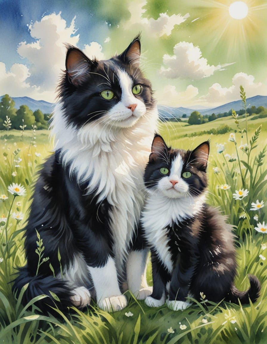 Watercolor Cat Protects Kitten in Field