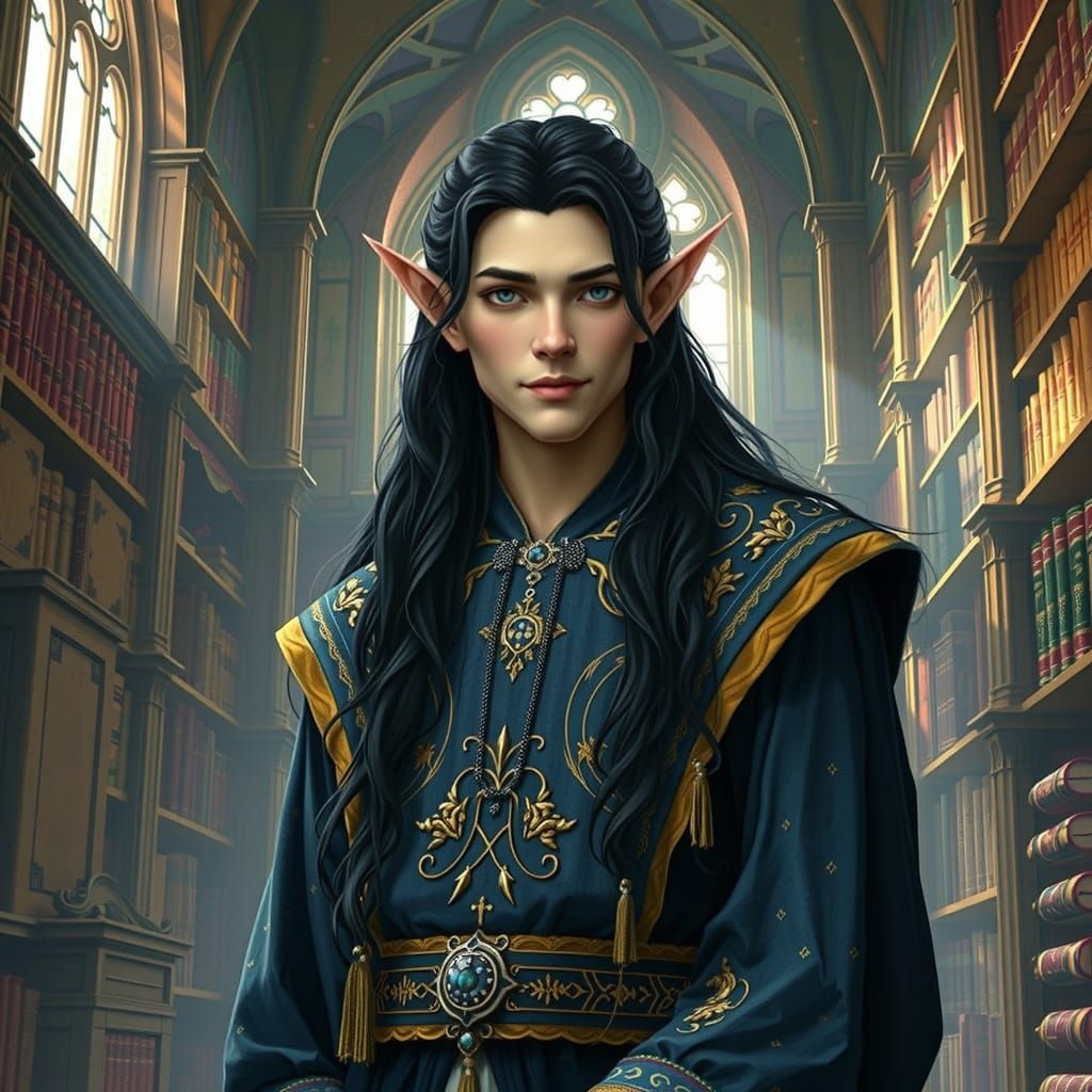 Elven Prince in Library, Art Nouveau Style