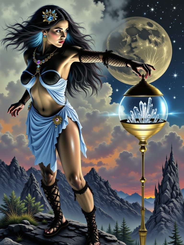 Hyperrealism Maiden Holds Crystal Orb on Ledge