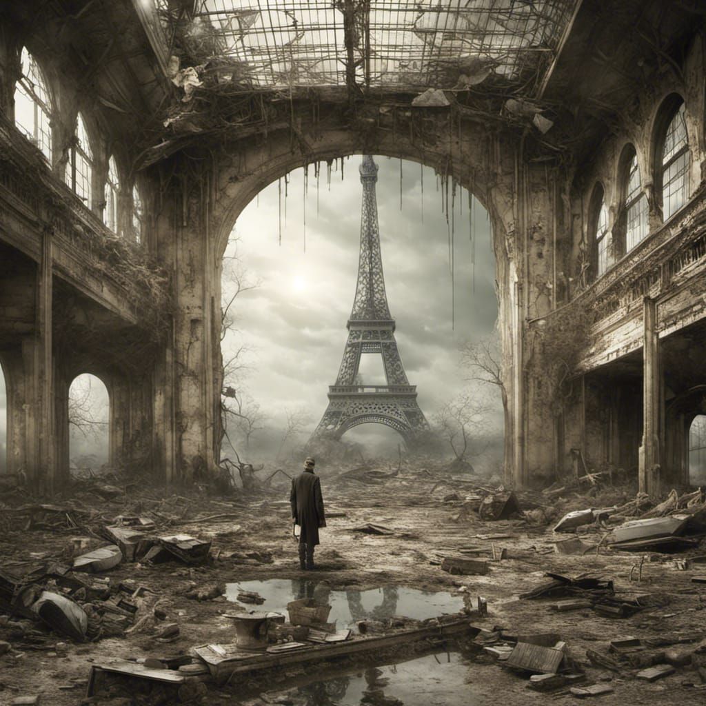 Abandoned Eiffel Tower in a Desolate Parisian Landscape