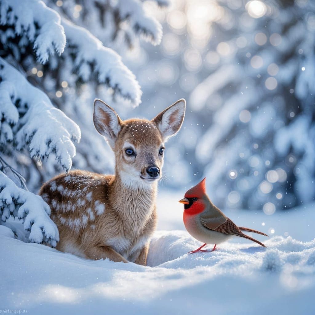 Fawn Hiding in Snowy Winter Forest