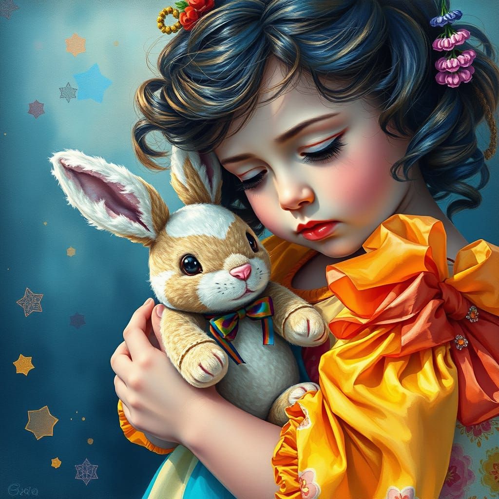 Little Girl Holding Her Beloved Bunny in a Cyberpunk Dreamsc...
