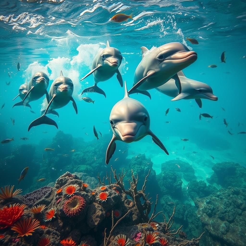 Dolphins in Vibrant Coral Reef with Iridescent Sea Life