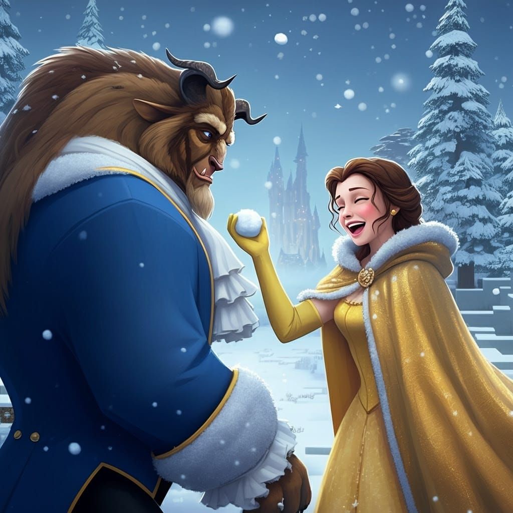 Belle and Beast Snowball Fight in Minecraft Style